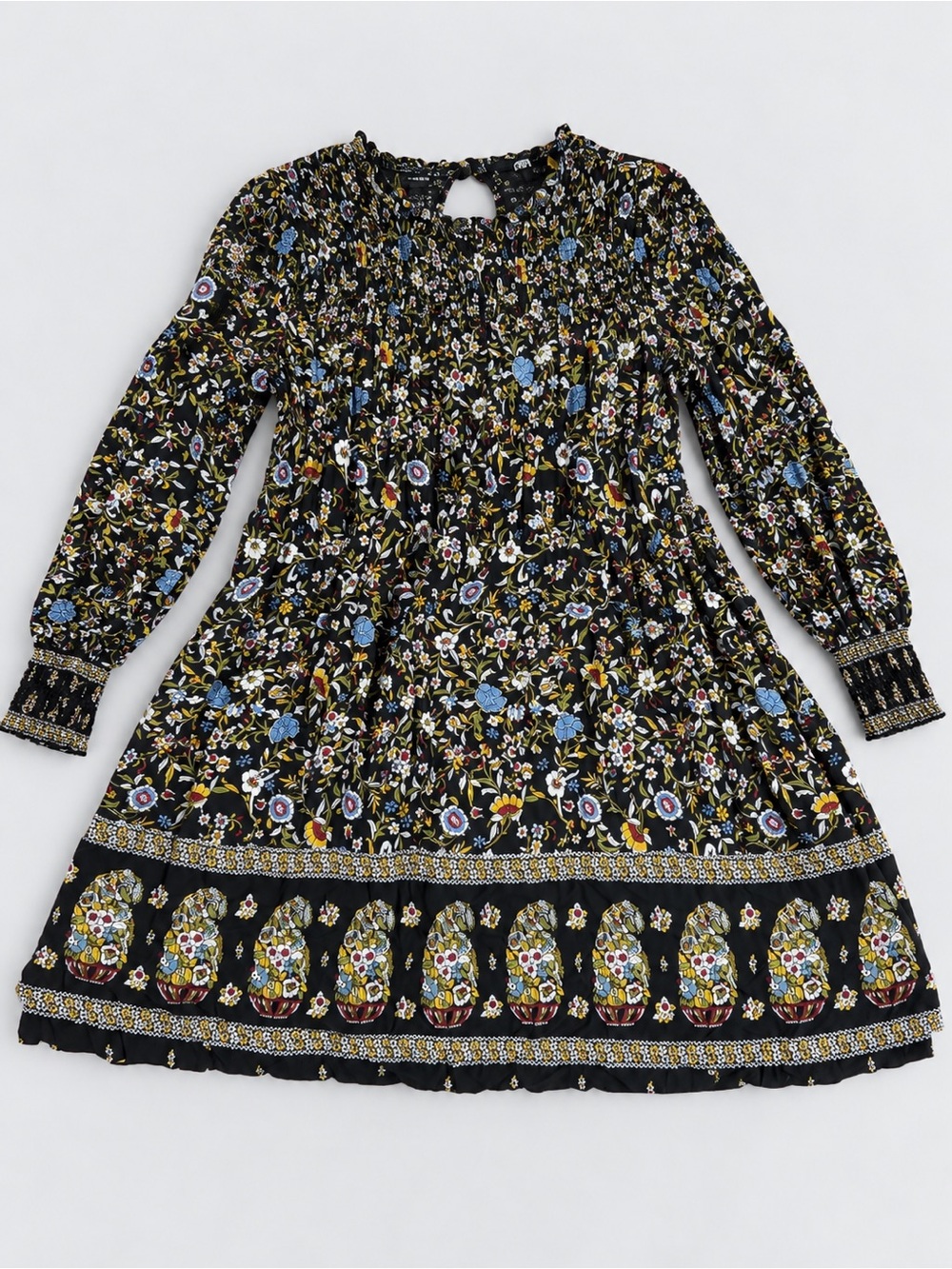 Zara Black Floral Long-Sleeve Smocked Dress with Blue and Yellow Accents